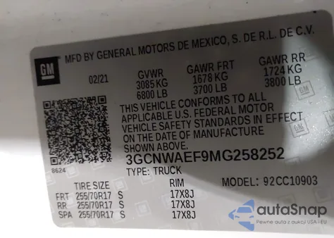 2021 Chevrolet Silverado 1500 2Wd Long Bed Wt из США, поврежденный, VIN 3GCNWAEF9MG258252